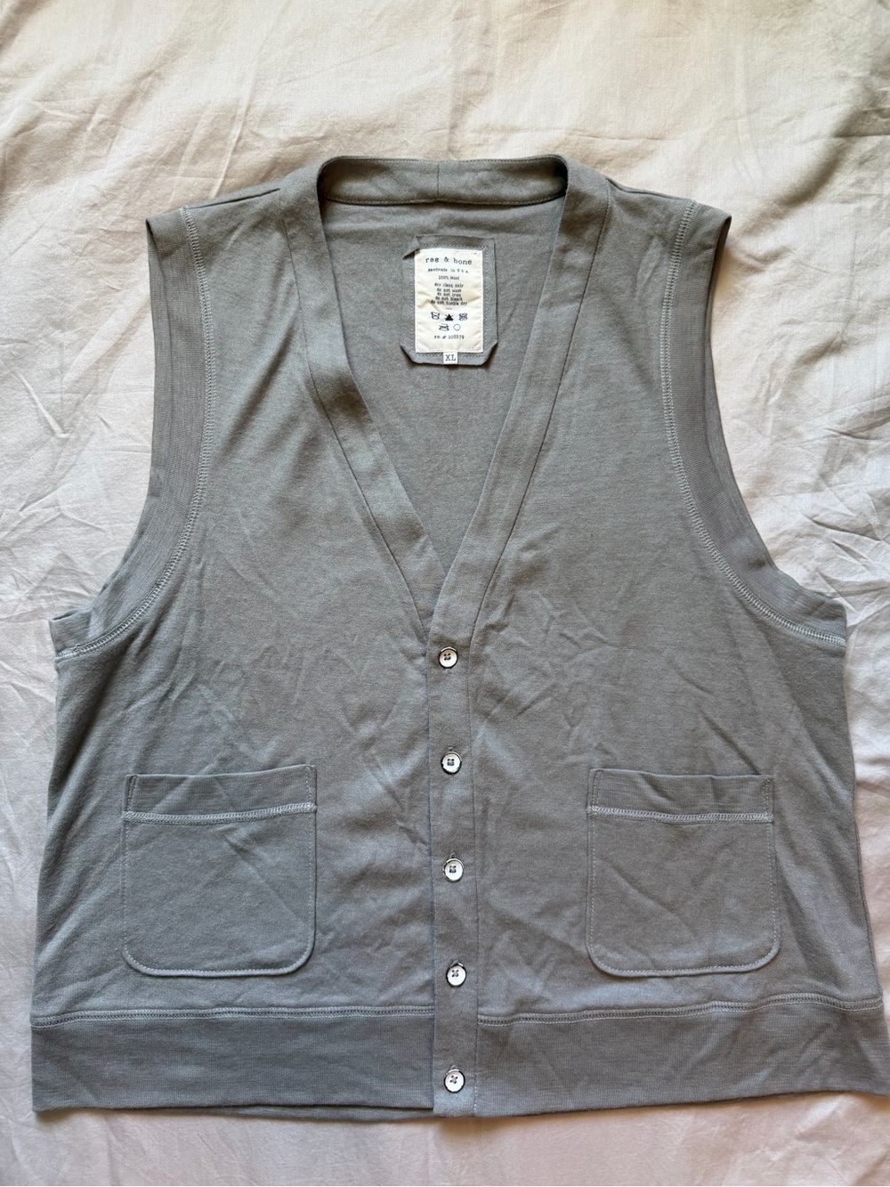 rag & bone Gray 100% Wool Sweater Vest Mens XL Button V-Neck Old Money Academia